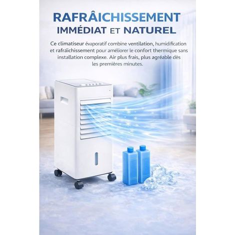 Rafraîchisseur d'air mobile 5L – Ventilateur, humidificateur, purificateur – 3 vitesses, silencieux, pour pièces jusqu'à 15 m² (1/5)