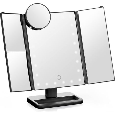 Trifold LED Makeup Mirror - Foldable Desktop Mirror with Two Power Modes - 1x/2x/3x/10x Magnification (Black) (1/5)
