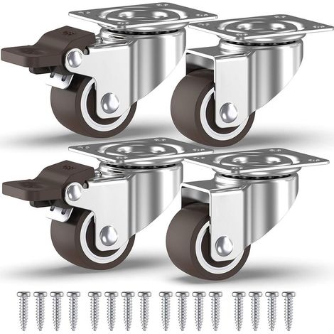 4 Roulettes Pivotantes Pour Meubles dont 2 avec Frein + Vis - 25mm Jusqu'à 40KG - Mini Roulette Sans Traces au Sol pour Charge Lourde - Roue en Caoutchouc pour Chariot- Argentées (1/5)