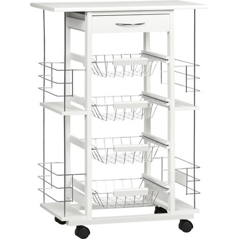 HOMCOM Chariot de service desserte de cuisine à roulettes multi-rangements 4 paniers métal tiroir + 4 range-bouteilles bois pin plateau carrelé blanc