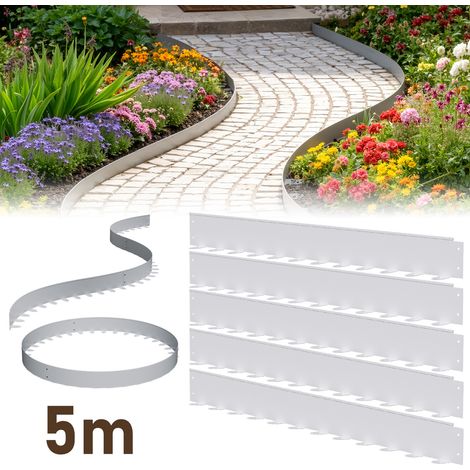 Wolketon Bordüre aus flexiblem Stahl für Garten & Rasen - 5 Paneele à 100 cm (5 m Gesamtlänge) - Höhe 10 cm - Farbe Silber - inkl. 60 Erdankern & Befestigungsnägeln