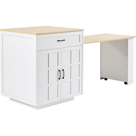 Table de bar extensible avec rangement, MDF, 133-202×70×93,5 cm, blanc, avec tiroirs et étagères latérales (1/5)