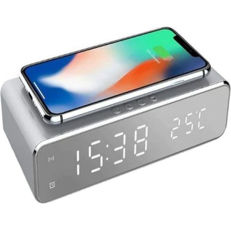 Réveil de bureau/de chevet avec chargeur sans fil et affichage LED - Argent