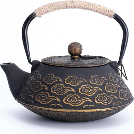 Théière en Fonte, Théière Japonaise avec Inspergraphe pour Feuille Libre, Bouilloire à Thé 800ml pour Cuisinière Enduite d’Intérieur émaillé, Motif Nuages, Noir (1/5)