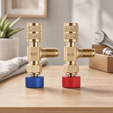 Lot de 2 Vannes de Sécurité Réfrigérant R410A R22 Laiton Anti-Fuite Adaptateur Climatisation SAE 1/4" Facile à Installer (1/5)
