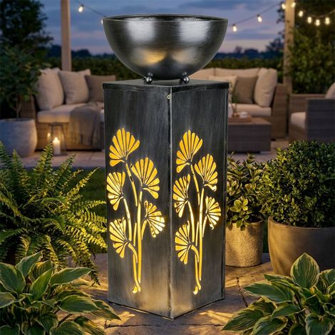 LED Solar Pflanzschale Solarleuchte Blumentopf Lichteffekt Blumendekor Deko-Säule Pflanztopf, antik-silber Metall, LED warmweiß, DxH 25x59 cm