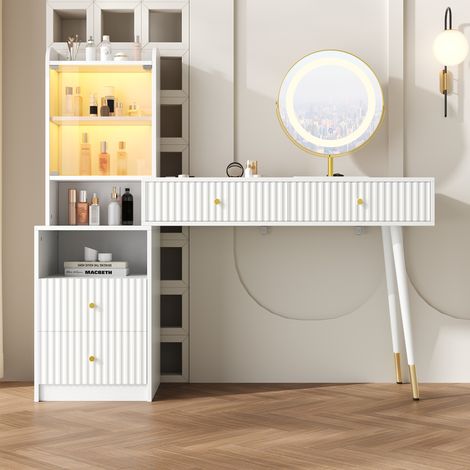 Ensemble coiffeuse avec miroir LED tricolore, quatre tiroirs, 1 armoire éclairée avec porte en verre, 1 compartiment de rangement ouvert, blanc, dimensions : 100 x 40 x 125 cm (sans tabouret)