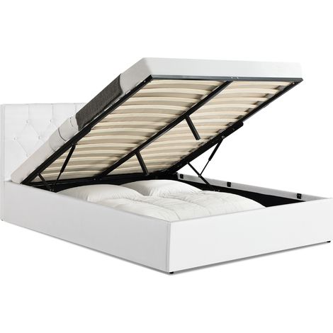 Idmarket – Lit coffre double AUSTIN 140 x 190 cm – Tête de lit capitonnée – Sommier relevable 24 lattes – Coffre de rangement intégré
