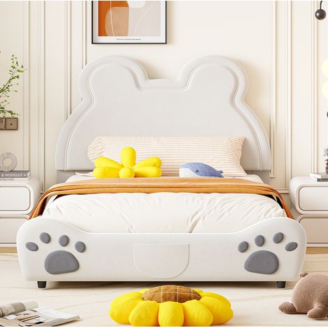 Cama infantil tapizada forma de oso 140x200 blanca OKMYHOME (1/5)