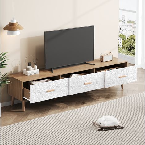 TV-Schrank 150x39x35 cm Weiß und helles Holz aus Spanplatte mit 3 Schubladen im Retro-Design (1/5)