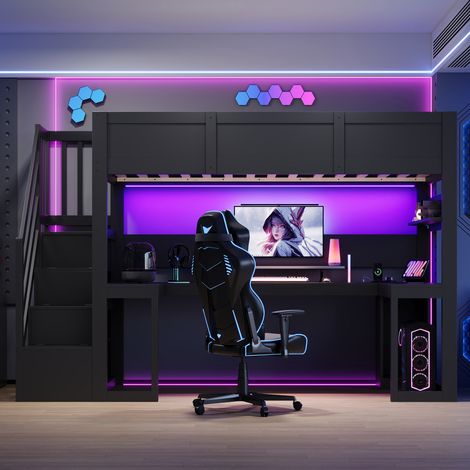 Lit mezzanine gaming 90x200 cm - bureau intégré - escalier avec rangements - éclairage LED et port USB - noir (1/5)