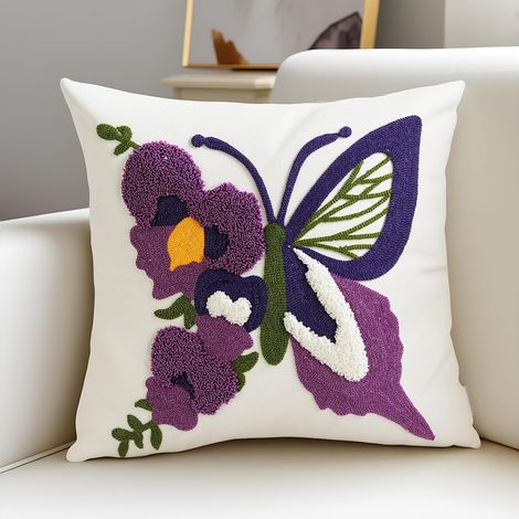 Taie d'oreiller toile coton brodée fleurs pastorales 45x45cm, décoration canapé chambre à coucher, sans garnissage intérieur (1/5)