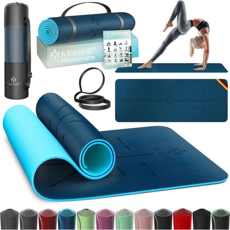 KESSER® Gymnastikmatte mit Tragegurt rutschfest TPE Yogamatte Gepolstert & rutschfest Fitnessmatte    183 x 61 Trainingsmatte für Fitness Sportmatte   Dunkelblau / Blau