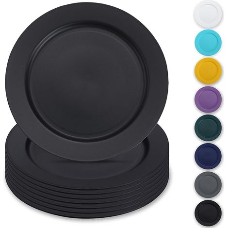 Schwarzes 8-teiliges Kunststoffteller-Set, 25 cm, wiederverwendbare flache Teller, Salatteller, Pastaschüsseln, leicht zu transportierendes Geschirr für Zuhause, Garten, Picknicks, Camping und Outdoor (1/5)