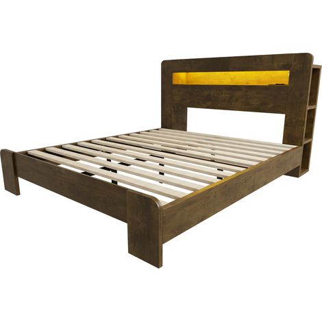 Letto a piattaforma in legno 140 x 200 cm con contenitore, LED e prese (1/5)