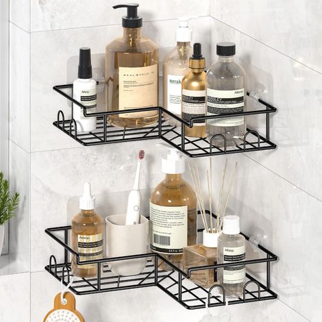 Etagere Salle Angle de Bain, 2 Pieces Etagere Douche sans Percage, Rangement Douche avec Crochets Accessoire pour Gel Shampoing (1/5)