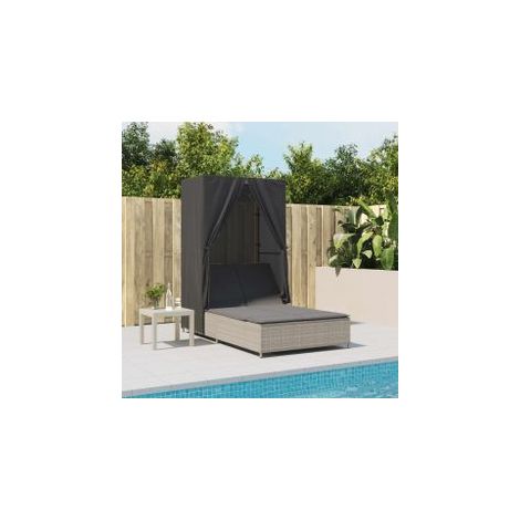 Chaise longue double avec toit et rideaux gris clair poly rotin (1/5)