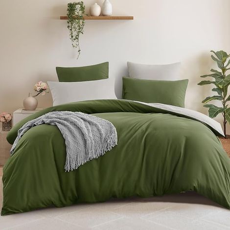 Housse de Couette 240x260 Réversible avec 2 Taies d'oreiller 65x65 cm (Vert Olive/Beige) - Parure de Lit 260 x 240 Adulte 2 Personne Microfibre avec Fermetures éclair (1/5)