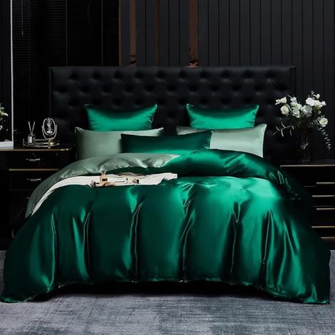 Housse de Couette Satin 240x260 Vert Foncé Parure de Lit Adulte Satin Lisse Soyeux Brillant Sets de Housse de Couette 2 Personnes Linge de Lit avec 2 Taies d'oreiller 65x65 avec Fermeture Éclair (1/5)