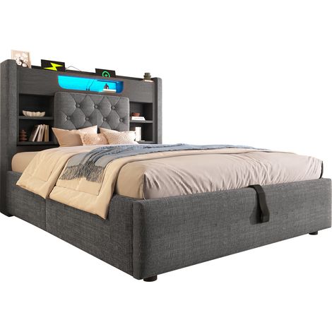 Einzelbett mit Bettkasten 90 x 200 cm, USB, Type-C, LED und Ablagen, Leinenstoff Grau, ohne Matratze (1/5)