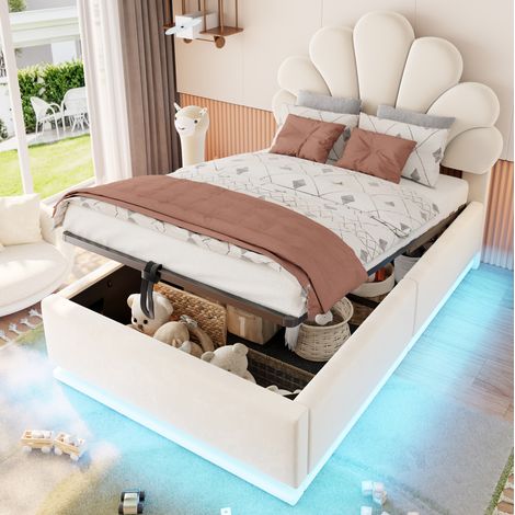 Polsterbett 90200cm, Blütenförmigem Kopfteil, Hydraulischem Stauraum, LED-Beleuchtung und Metallrahme, Samtstoff Beige, Beige (1/5)