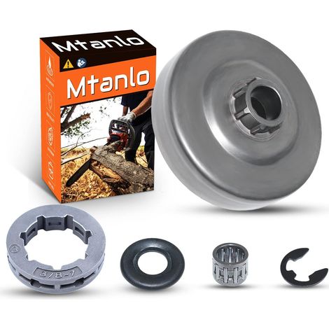 Kit de tambour d'embrayage et de pignon 3/8 pouce 7T pour scie Husqvarna 390 390XP 385 385XP, Tambour d'embrayage Rondelle d'embrayage Roulement d'embrayage Pignon 3/8-7T Clip en E (1/5)