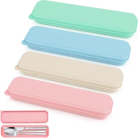 Coffret Couverts Voyage 4 Pièces - Acier Inoxydable Réutilisable - Ensemble Compact pour Camping Travail École - Noir (1/5)