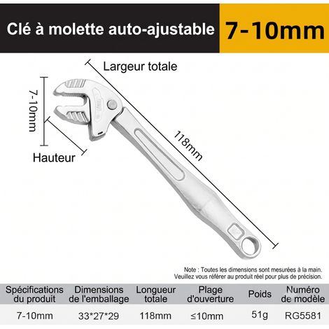 La clé universelle à réglage automatique et autobloquante NW 1776 en acier au chrome-molybdène est adaptée à l'entretien des écrous, des boulons et des canalisations. - (XS) 7 à 10 mm