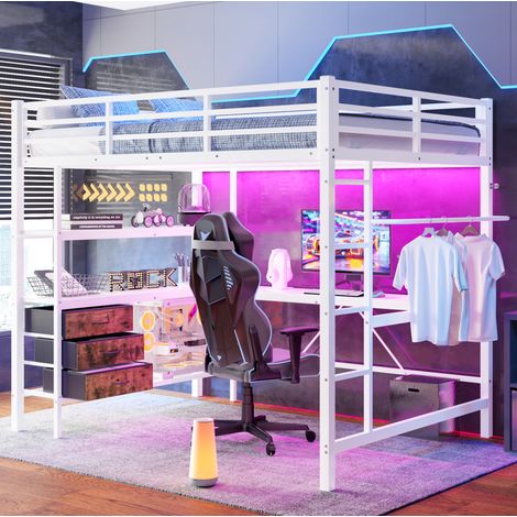 MEUBLIV Letto a soppalco 140x200 cm bianco – scrivania, LED e vani, senza materasso (1/5)