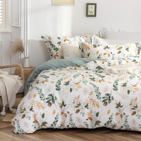 Housse de Couette 200x200 Coton avec Motif Fleurs - Vert Sauge (1/5)