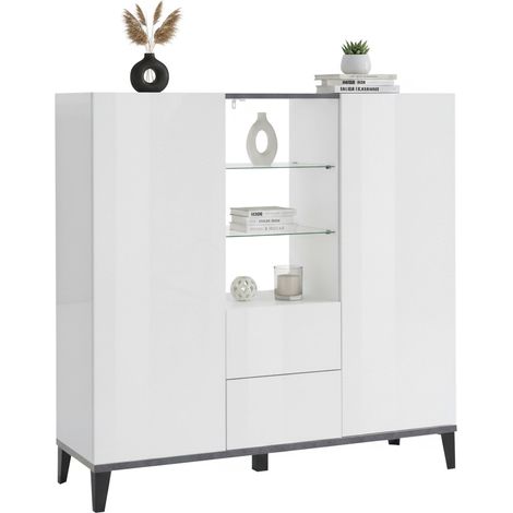 Dmora - Kommode Dla, Küchen-Sideboard mit 2 Türen und 2 Schubladen, Wohnzimmer-Buffet, 100% Made in Italy, cm 120x40h133, glänzend weiß und Schiefer