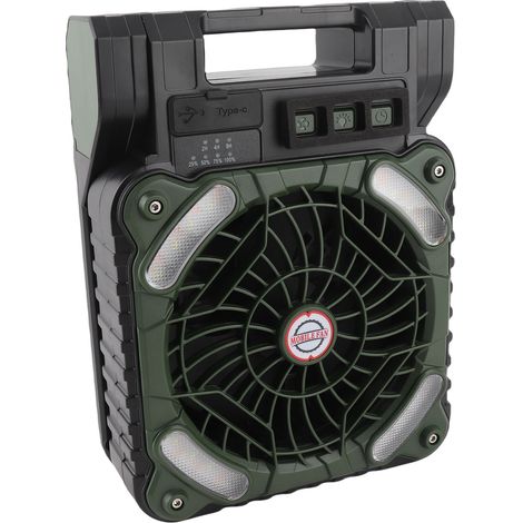 Ortviai Ventilateur solaire portable 5200 mAh, 4 vitesses, moteur sans balais, LED réglable, timer, vert foncé (1/5)