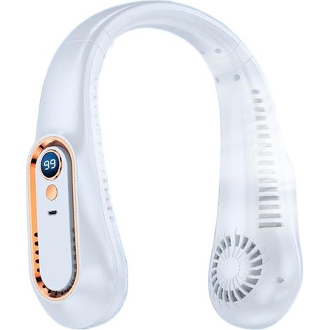 Ventilateur de cou portable sans pales 5 vitesses 360° LED affichage USB rechargeable mains libres sport extérieur intérieur bureau été ergonomique blanc (1/5)