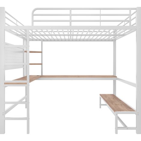 Cama alta 140 x 200 cm de metal y MDF con escritorio, estantes, LED y USB-C blanca (1/5)