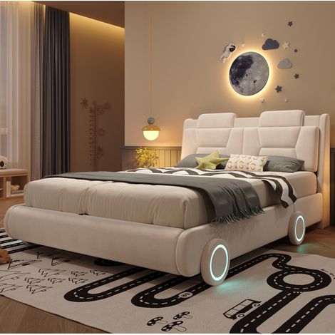 MODFU – Letto matrimoniale a forma di auto 140x200 cm in flanella con ruote luminose, testiera regolabile, schienale imbottito, portata 220 kg e 2 colli – Beige (1/5)