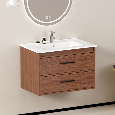 Meuble sous vasque brun rougeâtre, meuble salle de bain 2 tiroirs rangement 76x46.5x52cm (1/5)