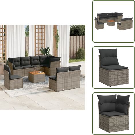 9-tlg. Garten-Sofagarnitur mit Kissen Grau Poly Rattan - Gartenmöbel Set - PE-Rattan Möbel - Outdoor Sofa - Esstisch - Lounge Garnitur (1/5)