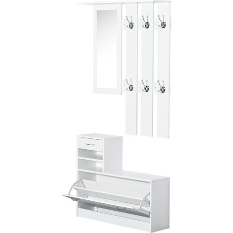 Ensembles 3 en 1 de meuble d'entrée vestiaire avec panneau porte-manteau, miroir et banc à chaussures - 6 crochets et étagère réglable, blanc (1/5)