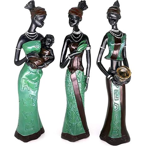 Ensemble de 3 statues artistiques de femmes africaines, figurines tribales décoratives noires, bougeoir artisanal, cadeau vintage créatif pour la maison (1/5)