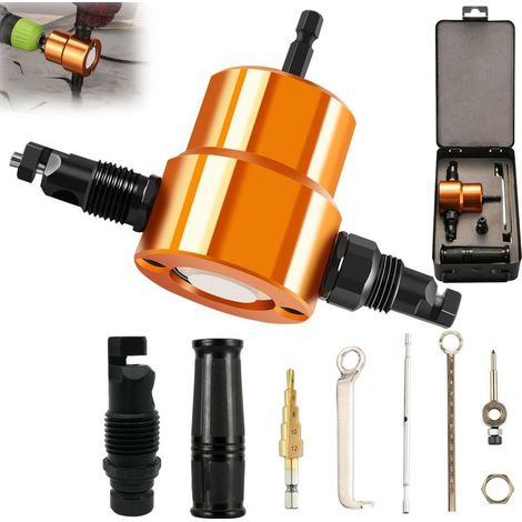 Juego de punzonadoras para chapa metálica, cortador de placas para taladro eléctrico de doble cabezal, herramientas para chapa metálica ajustables a 360 grados, cortador de placas para taladro, para l (1/5)