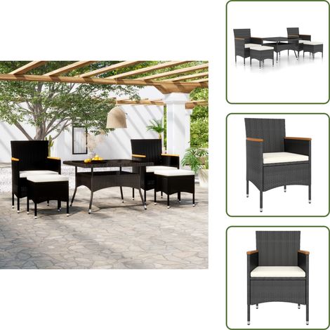 The Living Store 5-tlg. Garten-Essgruppe Poly Rattan und Hartglas Schwarz - Gartengarnitur - Outdoor-Set - Esstisch - Gartentisch - Gartenstühle