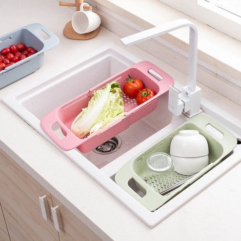 Juego de 2 cestas escurridoras extensibles, utensilios de cocina, cesta de frutas multifuncional (rosa, verde) (1/5)