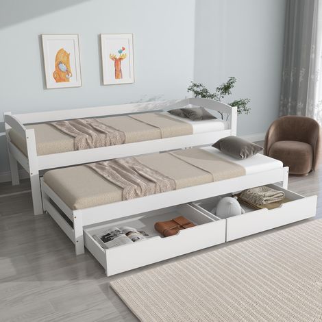 Lit de jour, lit simple et double, lit coulissant avec roulettes en dessous, avec 2 tiroirs en MDF, cadre en bois massif, blanc (200x90cm/190x90cm), garantie 2 ans