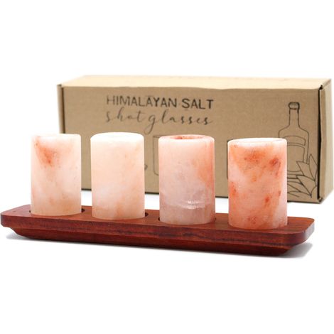 Ensemble de 4 verres à shot au sel de l'Himalaya et support de service en bois- Vendu par 1