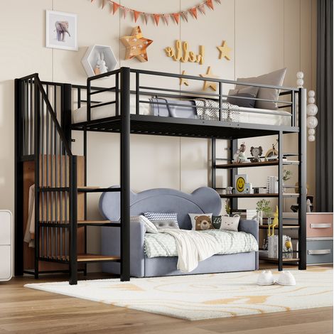 Lit mezzanine 90/200 cm noir en métal et MDF avec escalier de rangement (1/5)
