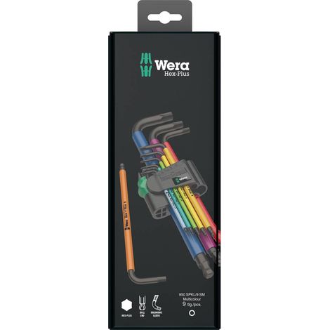 Wera – Jeu de clés mâles coudées 9 pièces – 6 pans intérieurs – Acier bruni – Tête sphérique pour vissage en biais – Code couleur pour confort