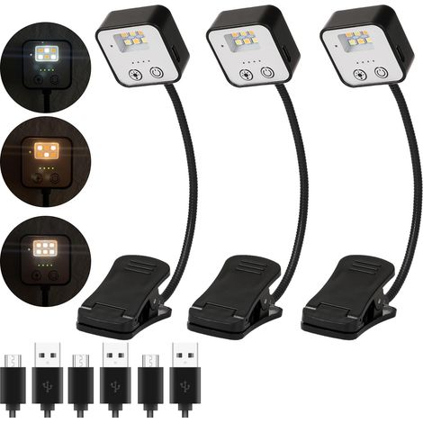 Paquete de 3 lámparas de lectura LED recargables, lámpara de libro con protección ocular y luz suave, 3 temperaturas de color y 5 velocidades (1/5)