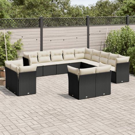 Ensemble modulaire salon de jardin 13 pièces noir résine tressée, canapé d'angle et central avec 13 housses déhoussables lavables blanc crème (1/3)