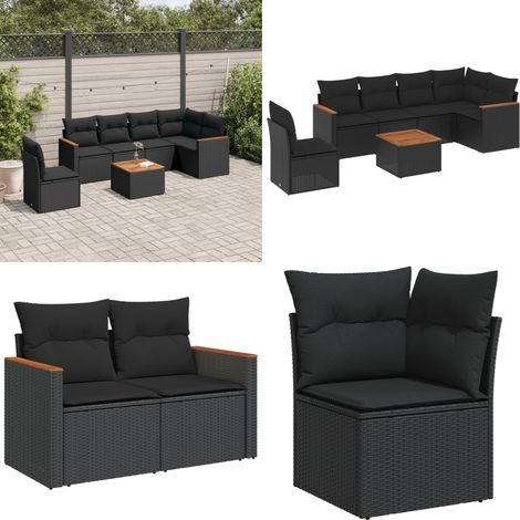 Salon de jardin 7 pcs avec coussins noir résine tressée - Ensemble Salon De Jardin - Mobilier Extérieur - Jardin Design - Chaise Lounge - Set Salon - Home & Living (1/5)