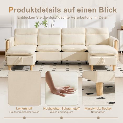 Grand canapé d'angle en U avec deux poufs de rangement canapé modulable quatre places avec pieds de table en bois canapé confortable en tissu, idéal pour le salon et l'espace familial (chenille beig (1/4)
